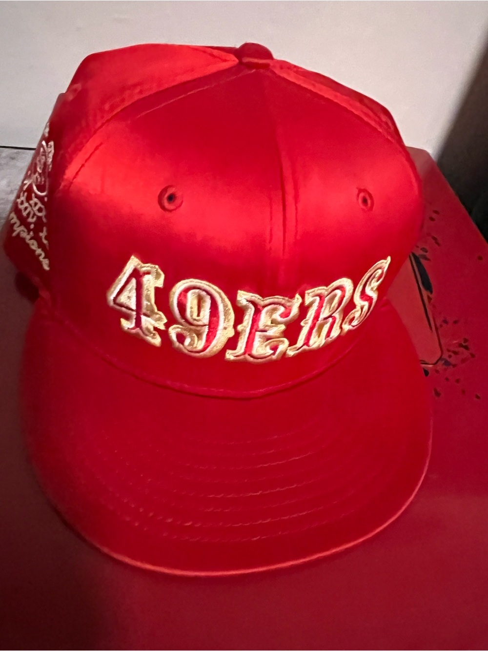Red 49ERS Satin Snapback Hat with Gold Embroidered Logo